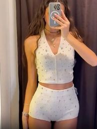 Sexy Rhinestones 2 Pieces Short Sets 2024 Jewelry Decoration Halter Crop Top and Shorts Suit Two Piece Set Party Club Outfit 240528