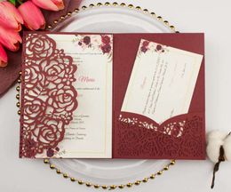 free shipping 1X Laser Cut Tri-fold White Rose Gold floral pocket fold Wedding Invitation Card Invite RSVP Customise envelope