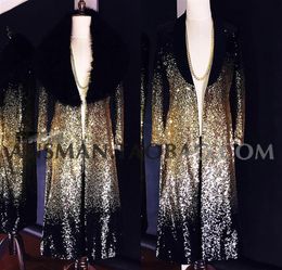 Men039s Suits Blazers Male Singer DJ Nightclub Bar Embroidered Black Gold Sequins Gradient Long Fur Overcoat Punk Stage Perfo3167429