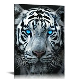 Czarno-białe płótno Wall Art Blue Eye Tiger Pictures Drukuj dżungla dzikie zwierzę Portret Portret Malowanie rozciągnięte i oprawione dzieło do dekoracji domowej (tygrys-4, „16x20”)