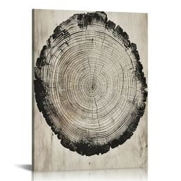 Beige Tree Ring Framed Canvas Wall Art Set, Modern Wood Stump Wall Decor, Abstract Black and White Wall Painting, Neutral Nature Art Print for Living Room, Bedroom, Office