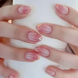 False Nails 24pcs/box Wearable French Pink Gradient Manicure Glitter Short Tip