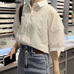 Women's Blouses 2024 Summer Loose Fashion Irregular Shirt Casual Vacation Top Korean Womens Clothes Cotton Mid-sleeve Thin Woman Blous