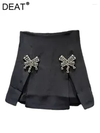 Skirts Women's Skirt High Waist A-line Diamonds Bow Split Black Elegant Female Mini Skits 2024 Summer Fashion 11XX9330