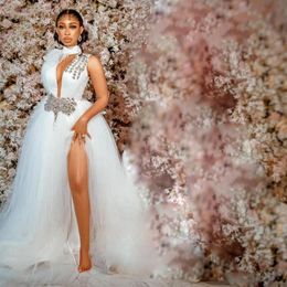 2021 Wedding Dresses for Bride High Neck Side Split Sweep Train Illusion Bodice Crystal Beads Chapel Garden Bridal Gowns vestidos de no 2719