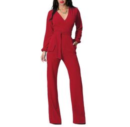 Elegant Casual Jumpsuits Romper Solid Wide Leg Bodysuit Woman One Piece Pants V Neck Long Sleeve Women Overalls9653660