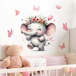 Wall Decor Cartoon Cute Elephants Pink Butterfly Wall Stickers for Kids Room Living Room Nursery Decoration Wall Decals d240528