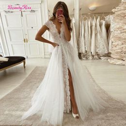 Lace Mermaid Wedding Dresses with Detachable Train Skirt Cap Sleeve V-Neck Bridal Gowns Sexy Side Slit 2 Pieces Wedding Gowns