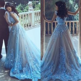 Sky Blue 3D Flower Arabic Women Prom Dresses With Waist Sash Formal 2017 Evening Party Dress Long Tulle Jewel Neck vestido de festa 3309