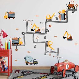 Wall Decor Cartoon Animals Wall Stickers Construction Vehicle Excavator Road Wall Sticker Decal Wallpaper for Kid Room Baby Room Decoration d240528