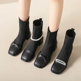 Boots Mesh Breathable Women's Sock 2024 Korean Fashion Square Toe Ankle Sweet Pearl Design Thick Sole High Heels Shoes