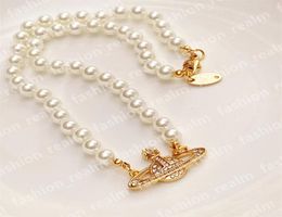 Pearl Necklaces Designer Jewellery Women Paper Clip Saturn Beaded pendant Necklace Copper 18K Gold Plated Clavicle Mother of pearl D1568853