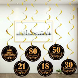 Banners Streamers Confetti 6 Pcs Black Gold Round Card Number 16 21 30 70 90 Happy Birthday Spiral Pendants Birthday Party Supplies d240528