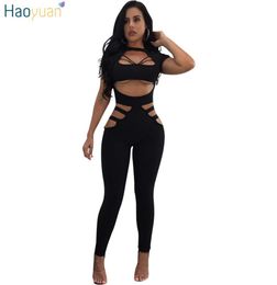 HAOYUAN Rompers Womens Jumpsuit Bodycon Hollow Out Overalls 2017 Fall Black Red Bodysuit Leotard Sexy Clubwear Bandage Jumpsuit q12945806