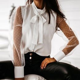 Women's Blouses White/Black Polka Dot Print Office Elegant Slim Fit Mesh See Through Long Sleeve Work Formal Wear Shirt Tops