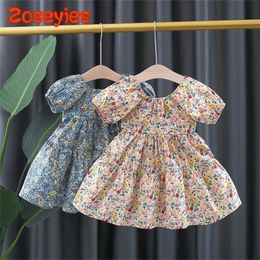 Girl's Dresses Summer New Baby Girls Dress Puffy Sleeve A-Line Skirt Floral Round Neck Sweet Princess Birthday Party Team H240527