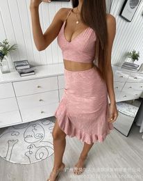 Work Dresses Two Piece Set Women Outfit 2024 Summer Fashion V-Neck Sleeveless Backless Cami Top & High Waist Asymmetrical Hem Midi Skirt