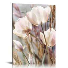 Flower Wall Art White Tulips Solid Color Wall Decor Boho Style Canvas Bathroom Art Print Poster Picture Modern Home Art Bedroom Apartment Ready to Hang