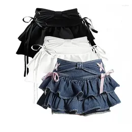 Skirts Blue Denim Pleated Skirt Bow Fold Design Women's A-line Short Built In Shorts American Spicy Girl Korean Fashion Sweet