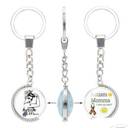 Keychains & Lanyards Fashion Kids Autism Awareness Double Sided For Children Boys Girls Glass Cabochon Key Chains Inspirational Jewel Dhy4G
