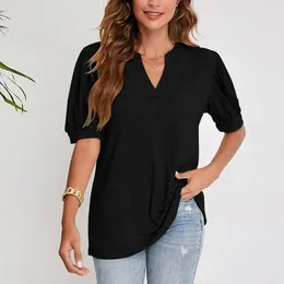 Women's Blouses Women Summer T-shirt V Neck Short Sleeve Lady Top Loose Breathable Bubble Simple Style Casual Blouse