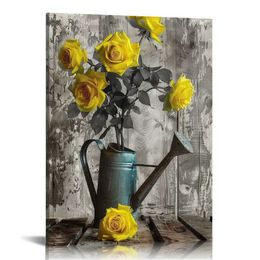 Rustikale Rose Canvas Wandkunst: Vintage gelbe Blume in Vase gerahmt Schlafzimmer Dekor - Schwarz weißes Bild Home Dekoration Bauernhaus Kunstwerke für Wohnzimmer Küche