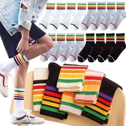 Women Socks INS Harajuku Sweet Cool Trendy Korean Japanese Personalized Street Rainbow Stripe Bar Solid Sports Mid Tube Cotton
