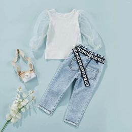 Clothing Sets 2-6Years Baby Kid Girls Pants Set Tulle Sleeve Tops With Waistbelt Denim Casual Outfit