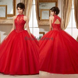 Sexy Red Quinceanera Dresses High Neck Lace Appliques Ball Gown Prom Party Gowns 2020 Open Back Corset Brithday Sweet 16 Dress 2020 328Y