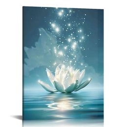 Spiritual Meditation Yoga Magic White Lotus Flower Wall Art Canvas Art Print Blooming Lotus Picture Framed Water Lily Wall Art Painting Home Decor for Bedroom