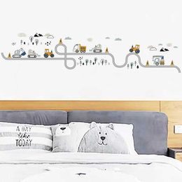Wall Decor Cartoon Wall Stickers for Boys Room Decoration Traffic Track Cars Truck Tractor Bulldozer Wall Decals for Bedroom Nursery Room d240528
