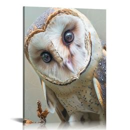 Canvas Print Wall Art White Owl with Twisted Head Animals Wildlife Photography Realism Rustic Portrait Relax/Calm Cool for Living Room, Bedroom, Office