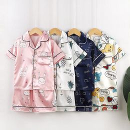 Summer Girls Boys Satin Pyjamas Silk Satin Tops Pants Design Cartoon Sleepwear Set Clothes For Teens Kids Childrens Day Gift 240528