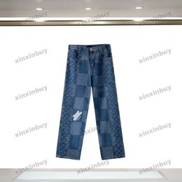 xinxinbuy Men women designer pant Plaid destroyed jacquard Letter embroidery Washed Jeans denim Casual pants black blue S-2XL 285o