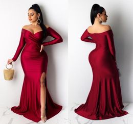 Casual Dresses Fall Winter Women Off Shoulder Plunging Vneck High Side Split Mermaid Maxi Red Dress Sexy Night Party Club Long3761102