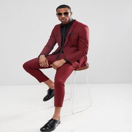 Handsome Burgundy One Button Mens Suits Slim Fit Back Vent Groomsmen Wedding Tuxedos For Men Blazers Peaked Lapel Prom Suit Jacket Pant 312f