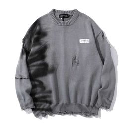 Men's Sweaters American High Street Design Graffiti Round Neck Sweater Mens Ins Brand Retro Lazy Wind Hole Sweater Street Trend Loose Pullover Q240527