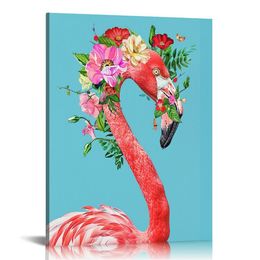 Pink Flamingo Canvas Poster Painting Bathroom Wall Art, Floral Crown Flamingo Picture Artwork Framed Print Ready to Hang for Home Wall Decor