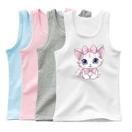Tank Top 2024 Summer Girls Cute Cat Print Vest Princess Girl Fashion Tank Top Kids Sleeveless T-shirt 3-14y Y240527