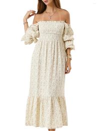 Casual Dresses Women S Long Sleeve Off Shoulder Floral Dress Backless Cut Out Midi Flowy Smocked Swing Sundress Beach