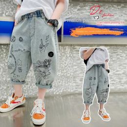 Trousers Boys Summer Capri Jeans Solid Cartoon Print Cropped Pants Kids Denim Button Fly Elastic Waist Casual ChildrenS Bottoms 4-15y Y240527