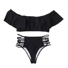 Women's Swimwear Padded Swimsuit Stylish Off Shoulder Bikini Set With Trim High Waist Bandeau 2 Piece Push Up For Women Sexy Hollow Out