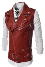 Whole Leather Motorcycle Vest Mens Black Leather Vest Red Waistcoat Steampunk Rock Slim Fit Zipper Sleeveless Jacket XXL3844043