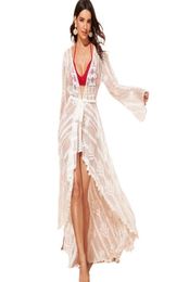 Sexy Lace White Long Cardigan Swimsuit Coverup Summer Elegant Trumpet Sleeve Beach Sunscreen Outwear Bikini Cover Ups Women Women2988762