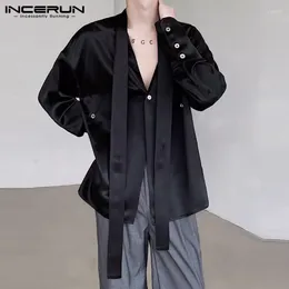 Men's Casual Shirts Korean Style Clothing Tops INCERUN Men Satin V-neck Tie Design Fashiona Streetwear Pendant Long Sleeved S-5XL