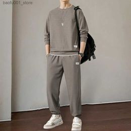 Men's Tracksuits Men Spring Autumn Outfit Mens Waffle Texture O-neck Long Sleeve Top Elastic Waist Sweatpants Set Solid Color Casual for Spring Q240528