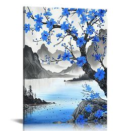 Plum Blossom Floral Wall Art Black White Blue Picture Mountain Lake Canvas Posters Print Modern Artwork Framed Home Office Living Room Bathroom Bedroom Wall Decor