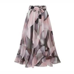 Skirts 2017 Summer Printed Flower Womens Casual Loose Elastic Waist Plus Size Belt A-line Chiffon Beach Saias Midi Womens Y240528