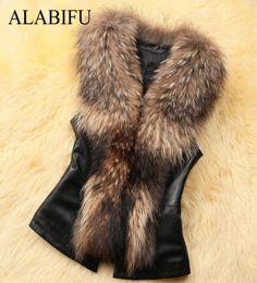 ALABIFU Women PU Leather Faux Fur Coat Casual Plus Size Sleeveless Faux Fur Collar Vest Winter Jacket Coat Women 4XL Y2001094901279