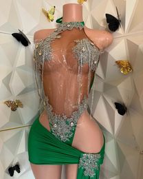 Sexy Diamond Green Scuro Abiti da ballo 2024 per ragazze nere con treno ad alto tasso di abbigliamento da cocktail da cocktail